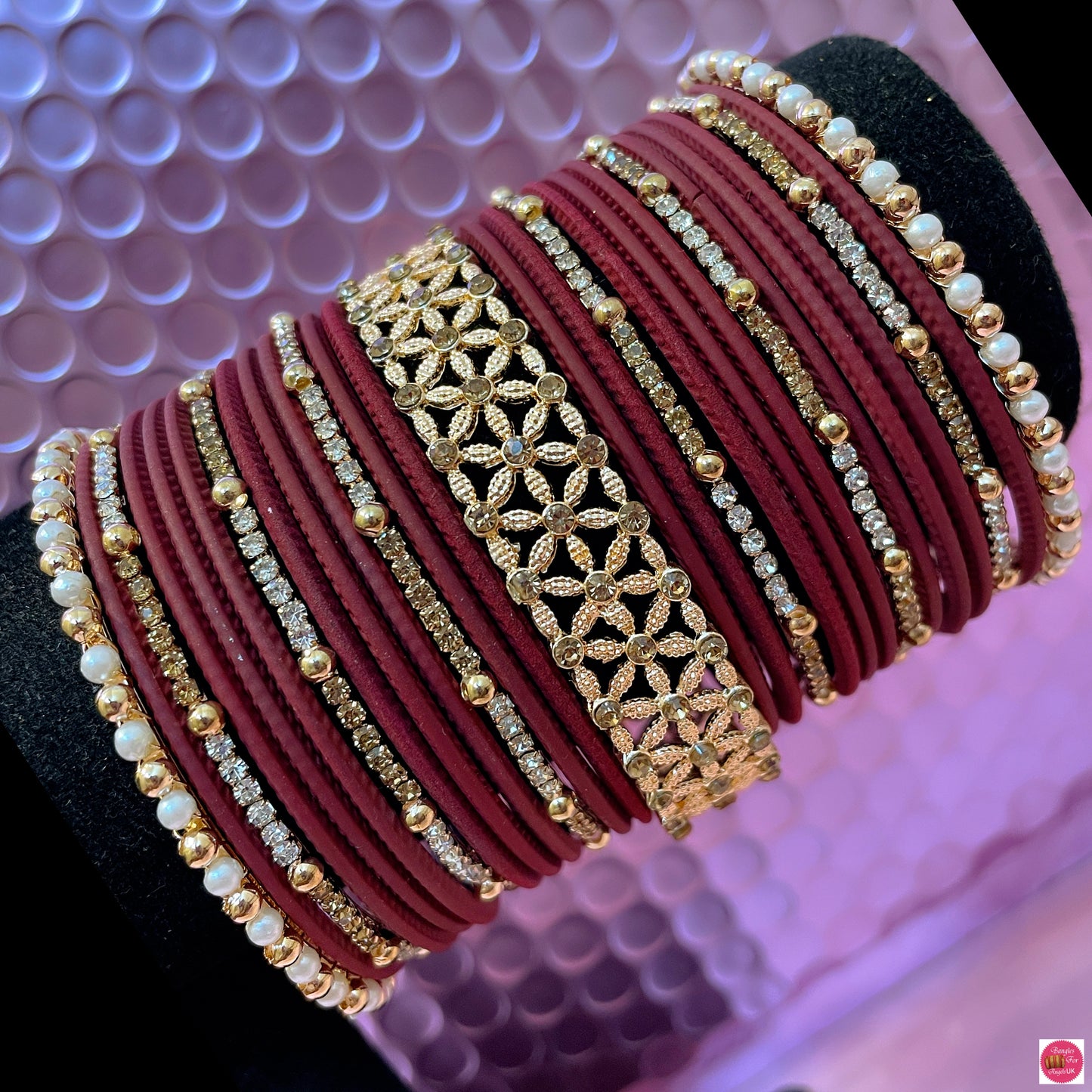 Gold Pearl Zirconia Metal Bangles Set- Maroon