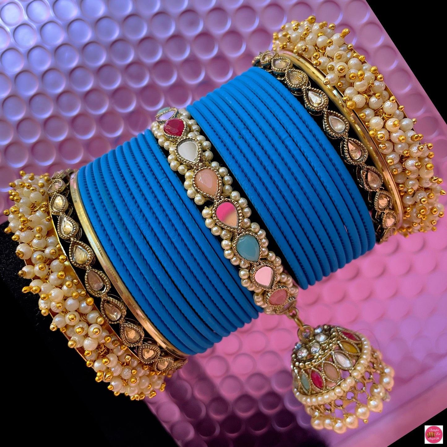 Kundan Pearl Hanging Metal Bangles Set- Azure Blue