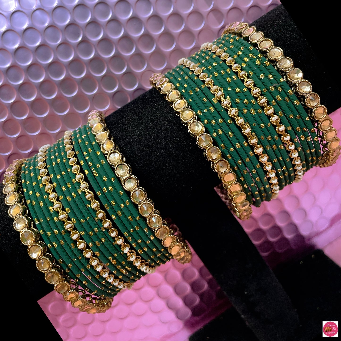 Kundan Pearl Metal Bangles Set- Green