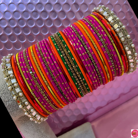 Multicoloured Mirror Pearl Zirconia Metal Bangles Set