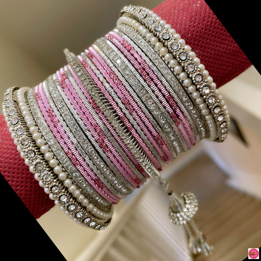 Silver Pearl Hanging Metal Bangles Set Light Pink- Size 2.10