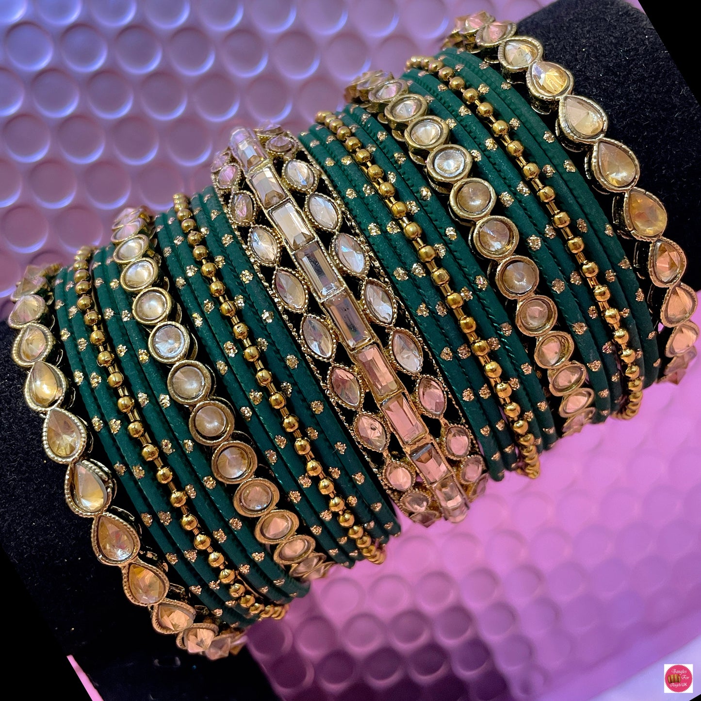 Kundan Metal Bangles Set- Green