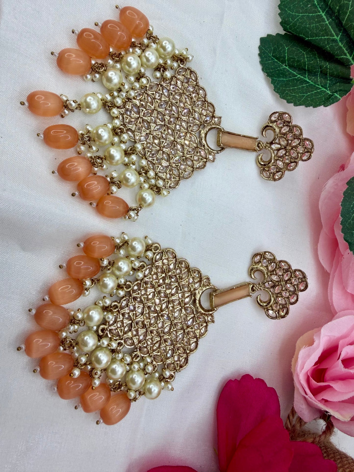 Kundan Pearl Peach Earrings