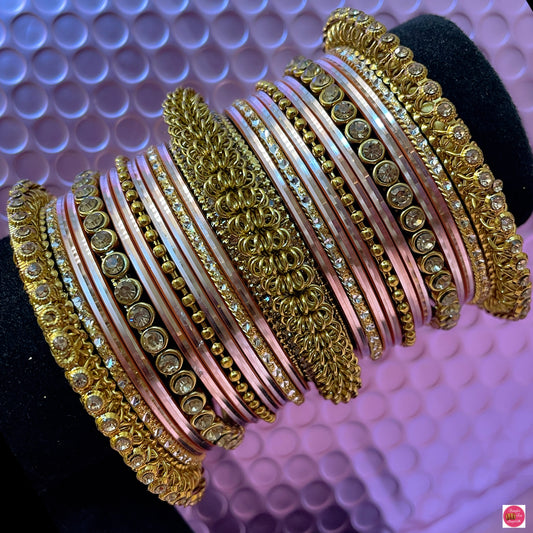 Gold Diamante Metal Bangles Set- Champagne