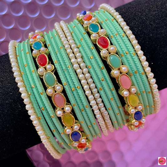 Kundan Pearl Metal Bangles Set- Mint Green