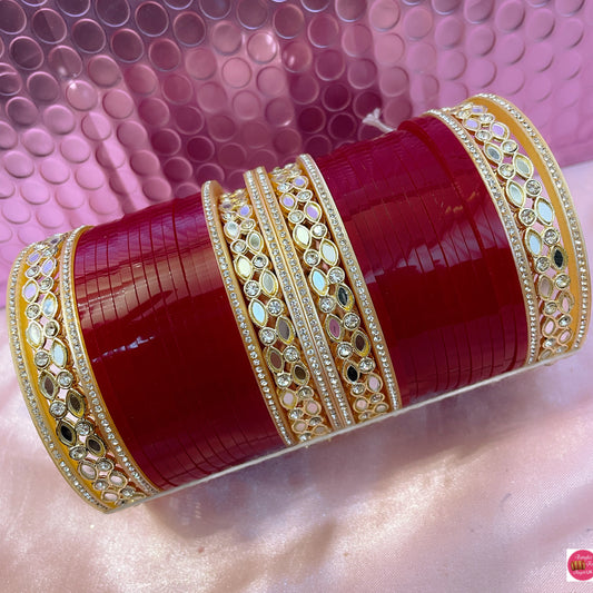 Kundan Mirror Punjabi Chura Bangles Set- Deep Red