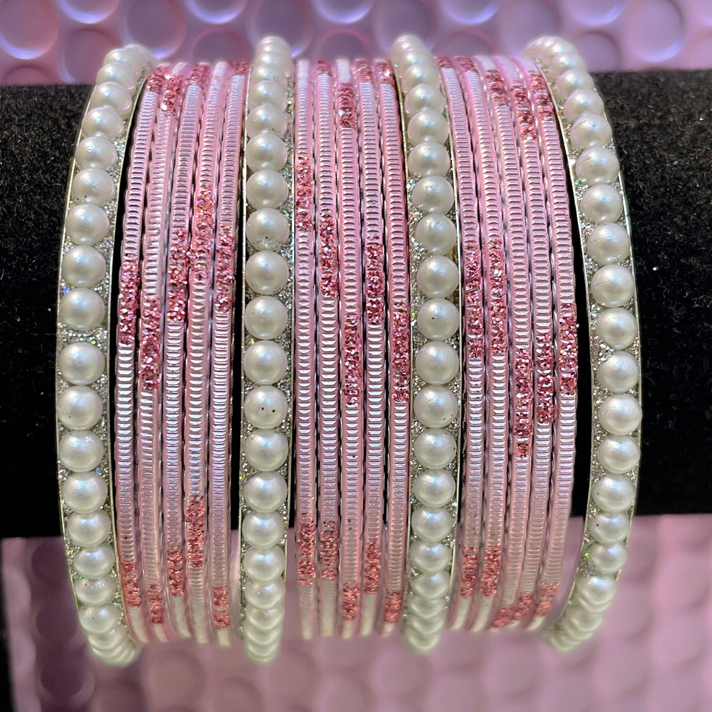 Silver Pearl Metal Bangles Sets- Various Colors