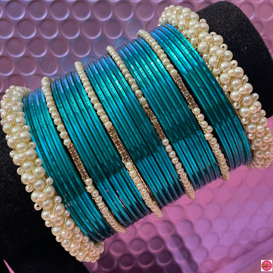 Pearl Metal Bangles Set- Turquoise/Firozi