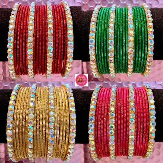 Gold Stone Metal Bangles Set- Various Colours