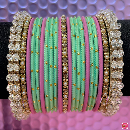 Gold Pearl Metal Bangles Set- Mint Green/Pink