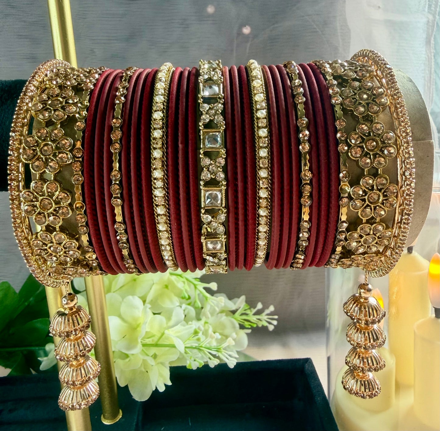Kundan Gold Hanging Zirconia Metal Bangles Set- Maroon