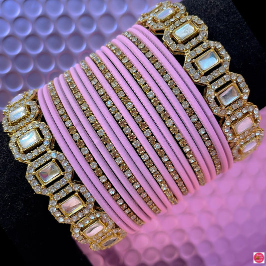 Gold Zirconia Metal Bangles Set- Light Pink