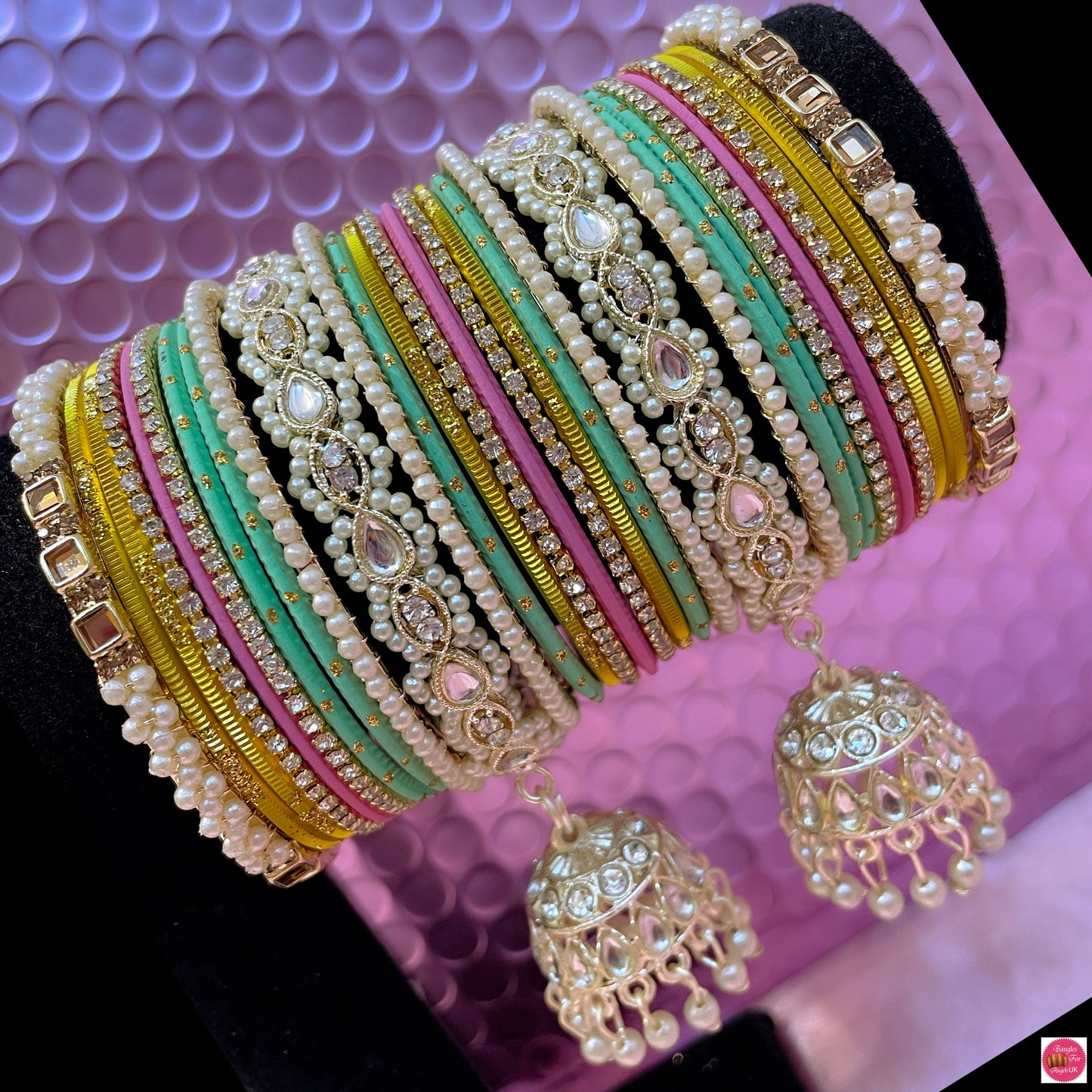 Multicoloured Pastel Kundan Pearl Hanging Metal Bangles Set