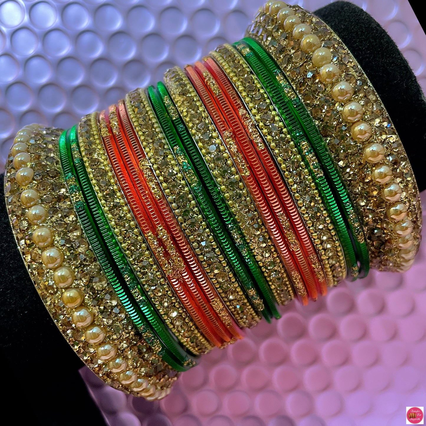 Gold Metal Bangles Set- Peach/Green