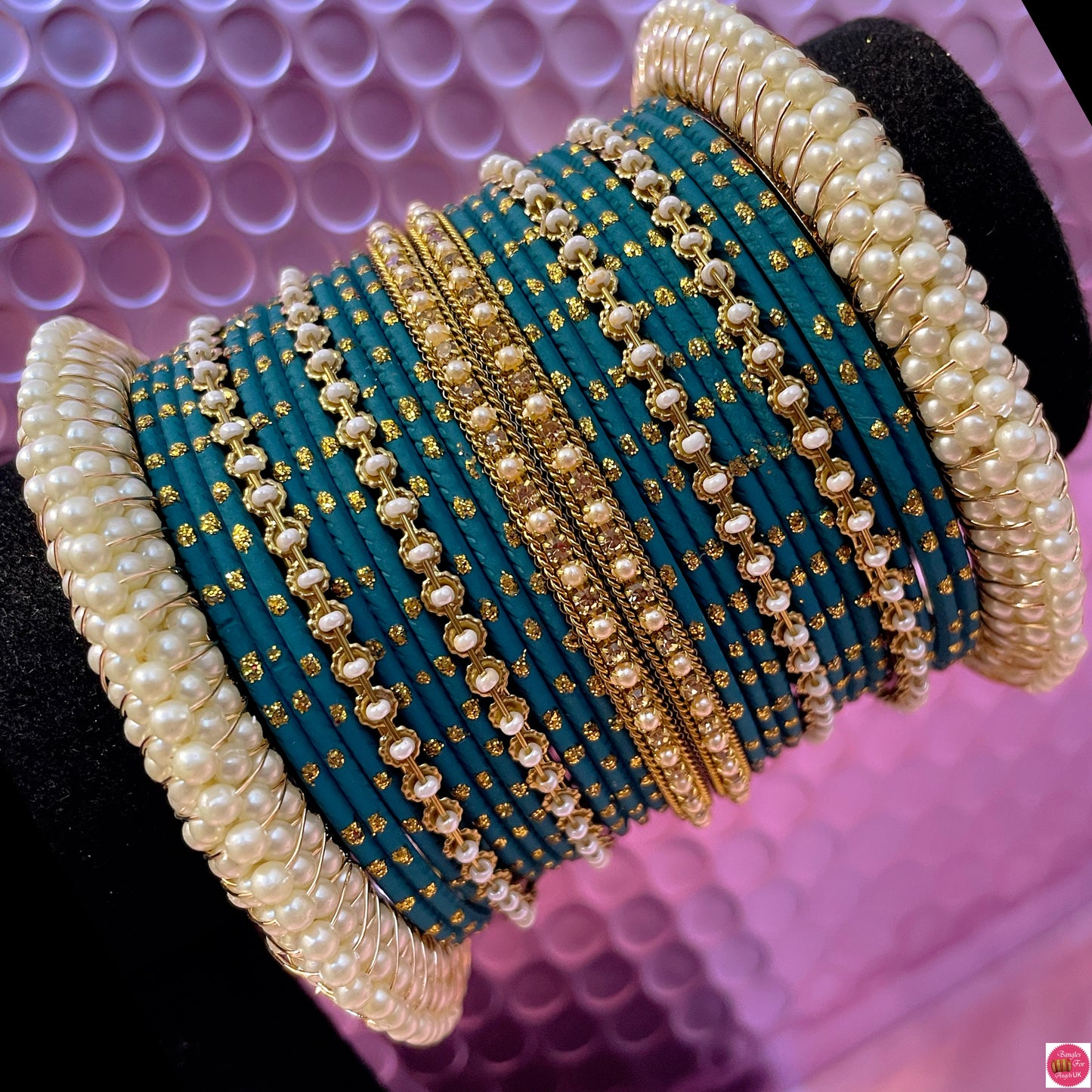 Pearl Metal Bangles Set- Teal