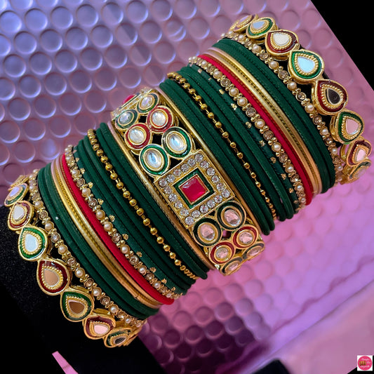 Jadau Kundan Metal Bangles Set- Green