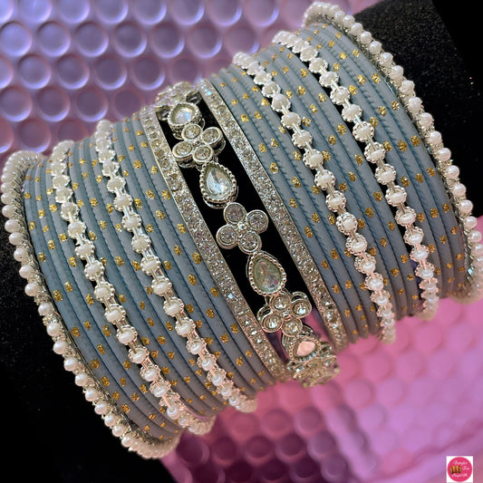 Silver Kundan Pearl Metal Bangles Set- Grey