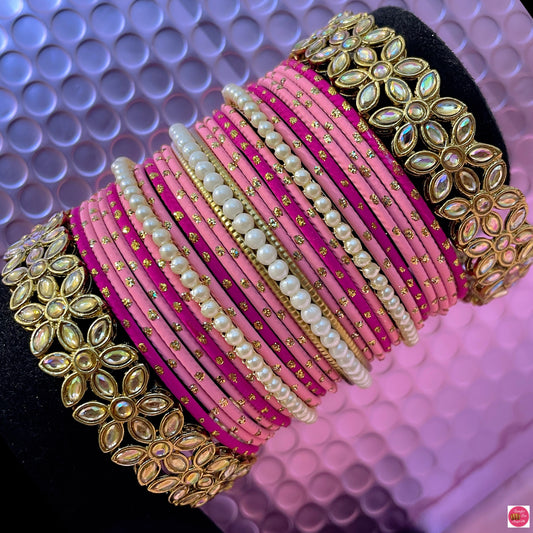 Kundan Pearl Metal Bangles Set- Pinks