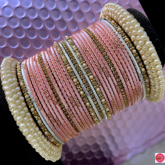 Pearl Zirconia Metal Bangles Set- Tuscany Pink