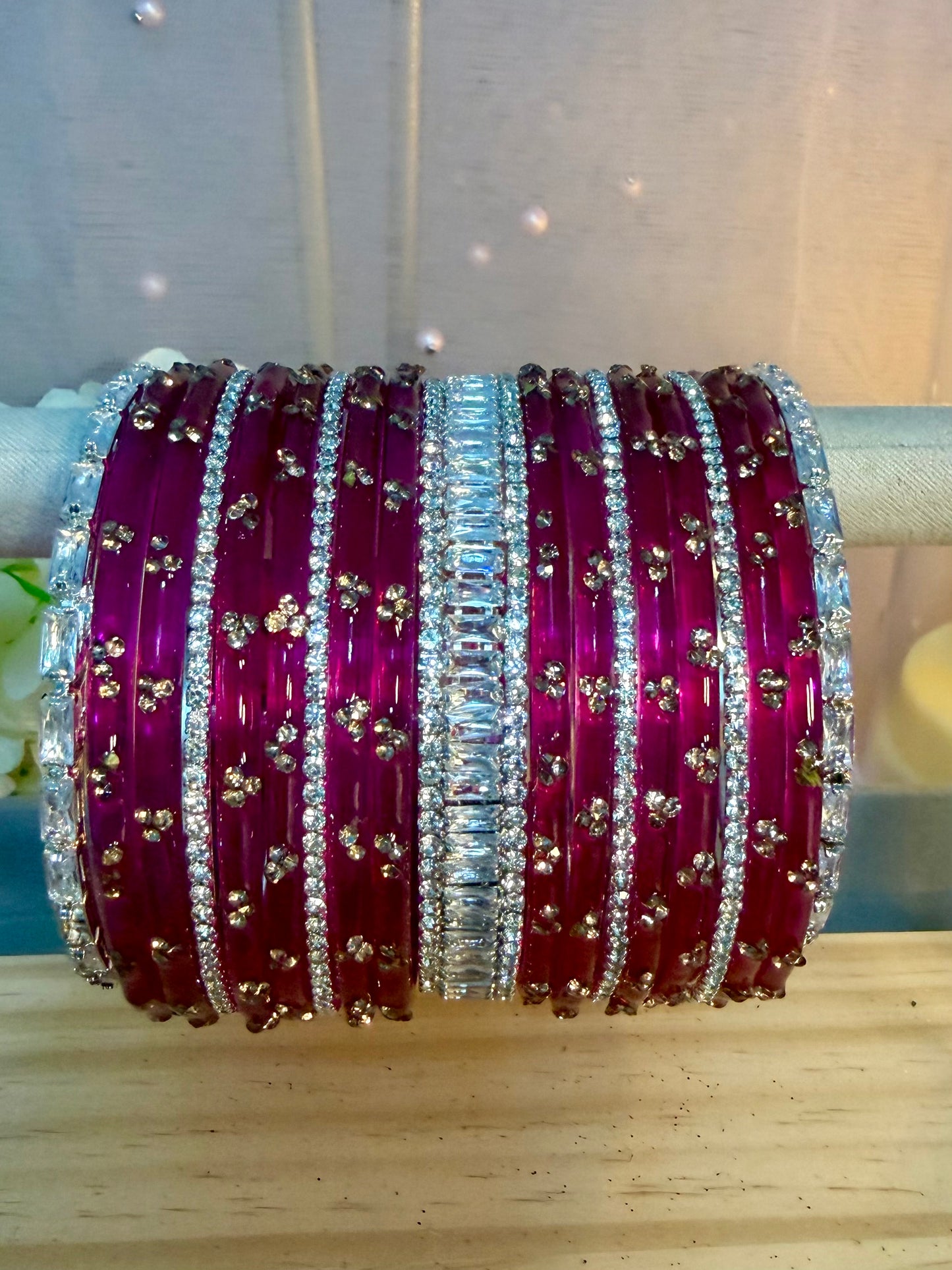 Silver Stone Hot Pink Glass Bangles Set