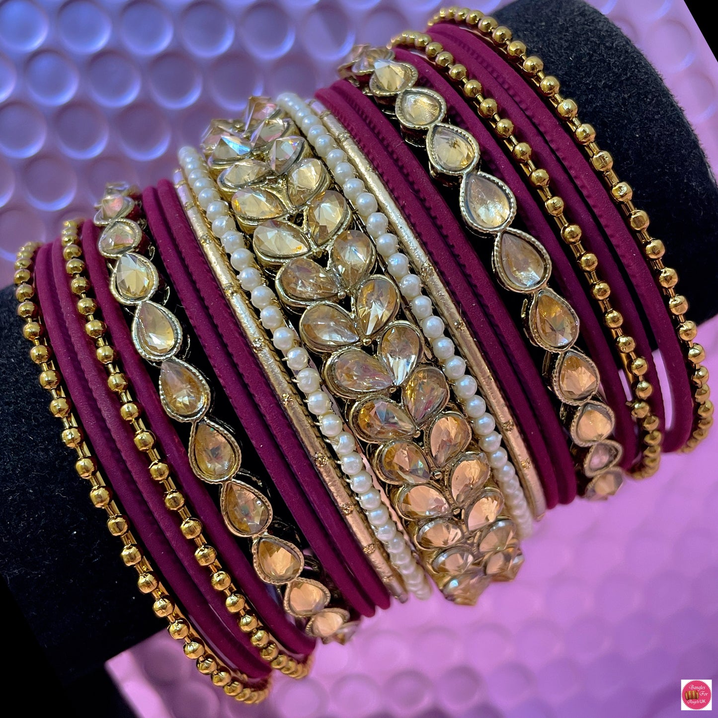 Kundan Pearl Metal Bangles Set- Wine