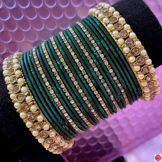 Pearl Zirconia Metal Bangles Set- Green