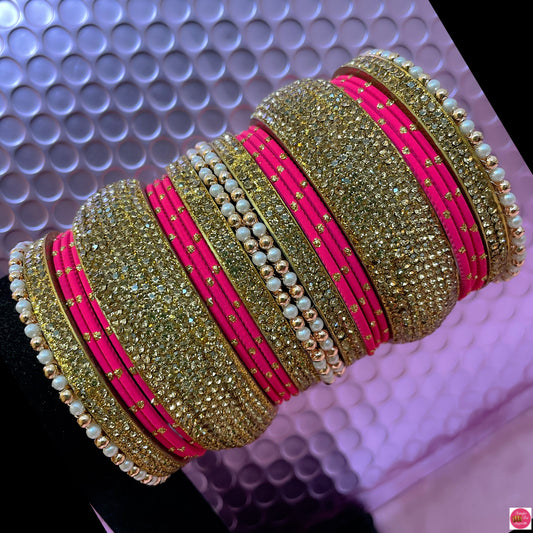 Pearl Gold Metal Bangles Set- Pink