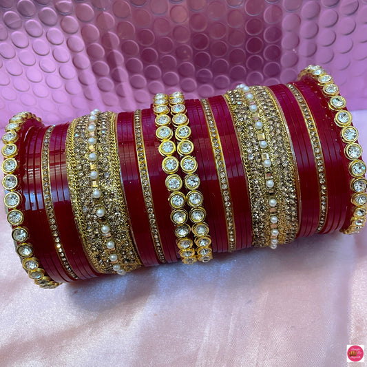 Gold Stone Punjabi Chura Bangles Set- Deep Red