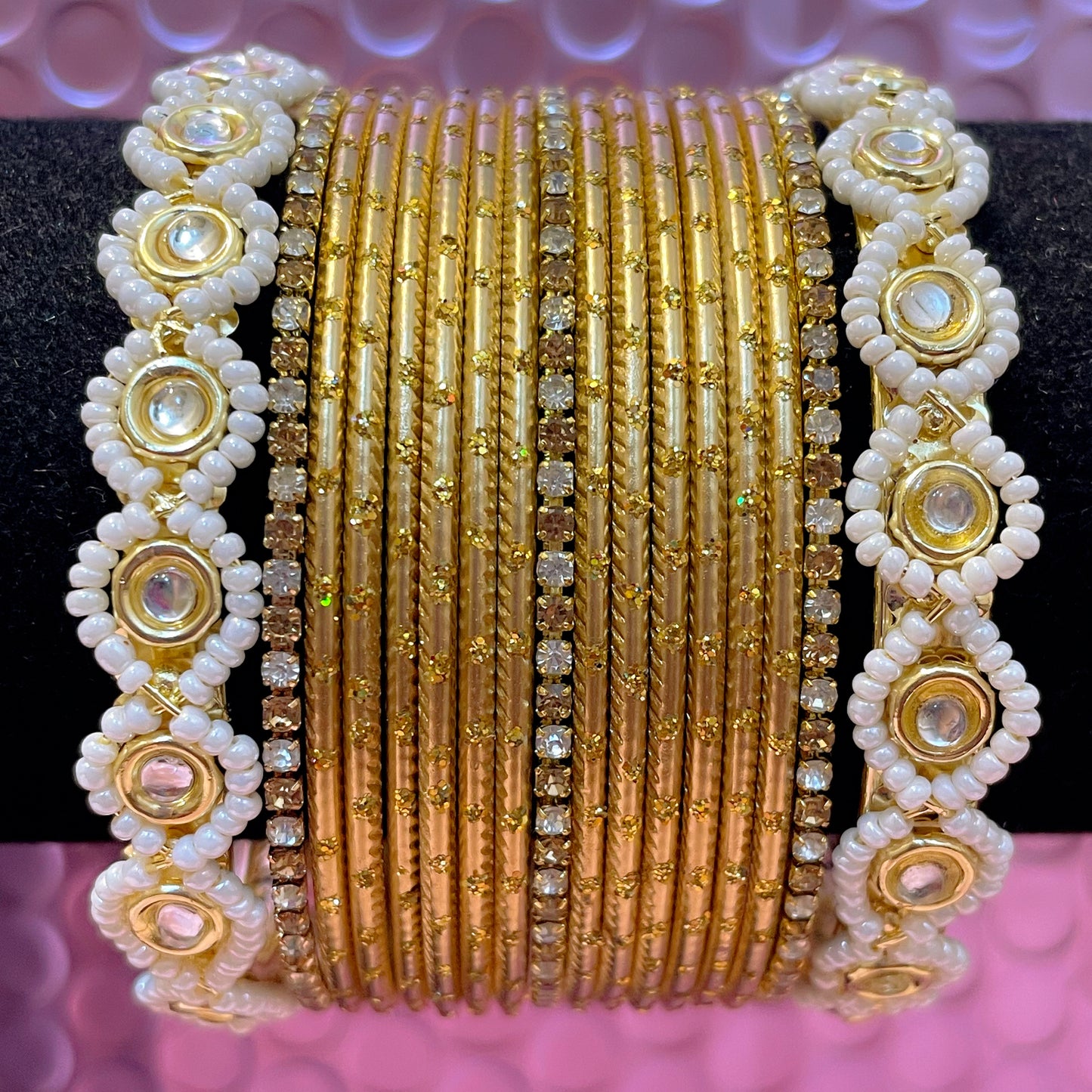 Pearl Zirconia Metal Bangles Set- Various Colours