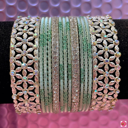 Silver & Mint Green Metal Bangles Set- Size 2.2