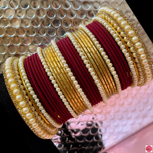 Pearl Zirconia Metall Bangles Set- Maroon