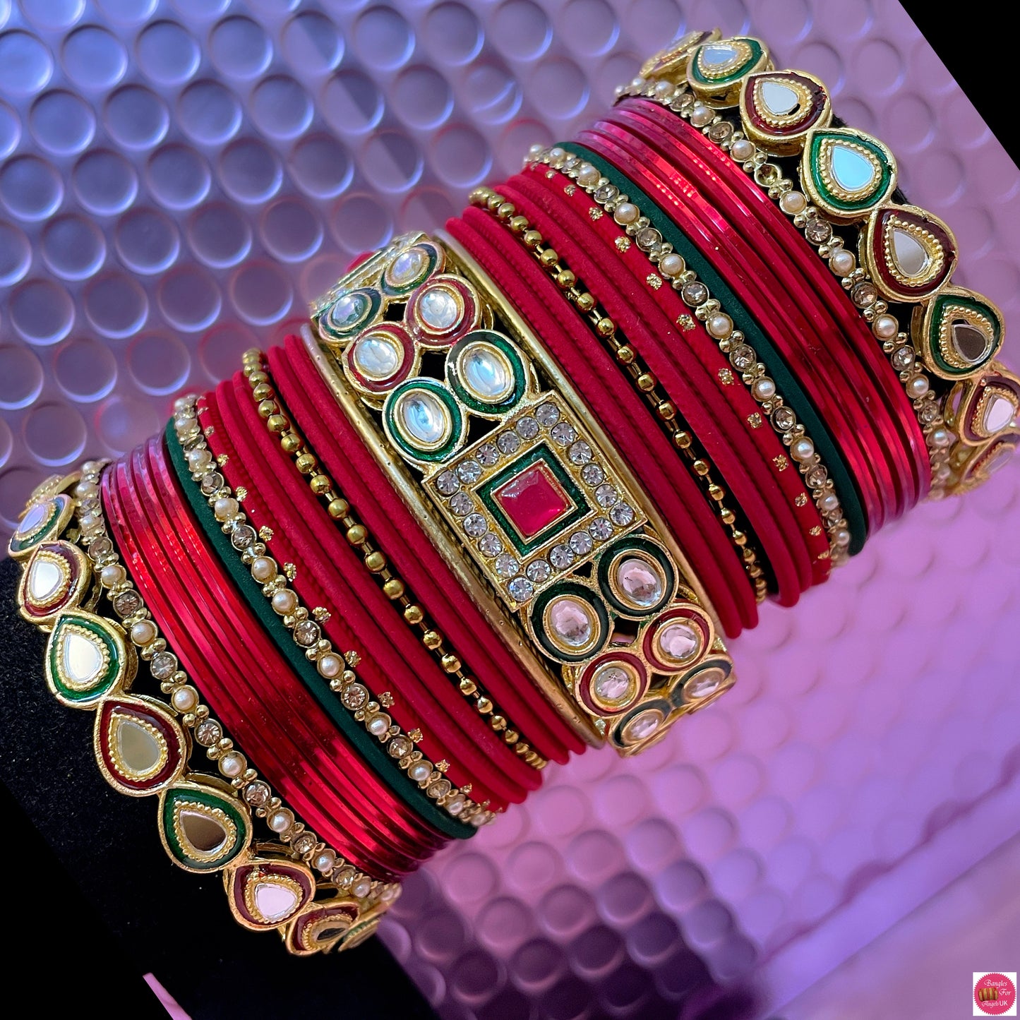 Jadau Kundan Metal Bangles Set- Red