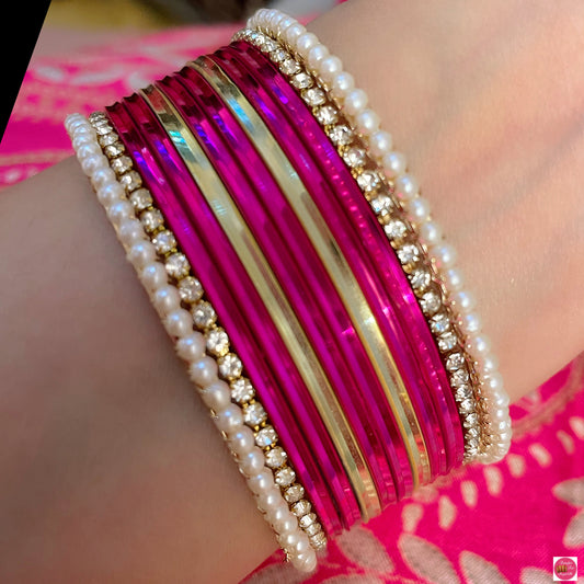 Pearl Zirconia Metal Bangles Set- Hot Pink