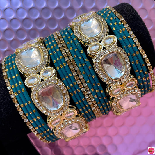 Kundan Zirconia Metal Bangles Set- Teal