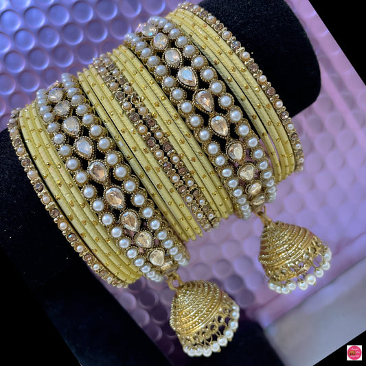 Kundan Pearl Hanging Metal Bangles Set- Cream