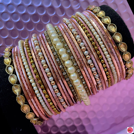 Kundan Pearl Metal Bangles Set- Rose Gold/Peach