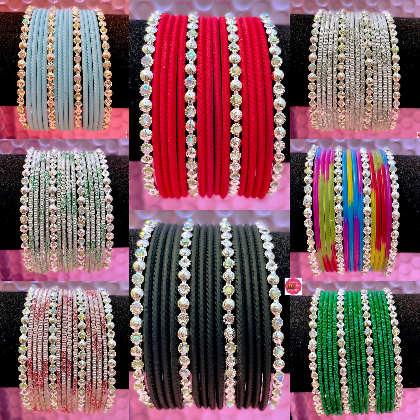 Silver Stone Metal Bangles Set- Various Colours