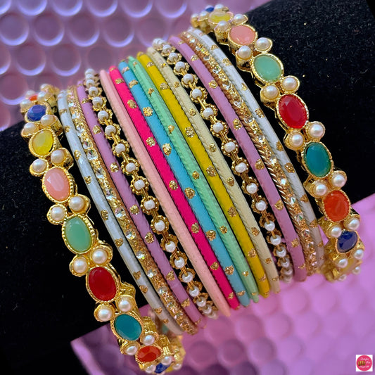 Multicoloured Pearl Navratan Metal Bangles Set