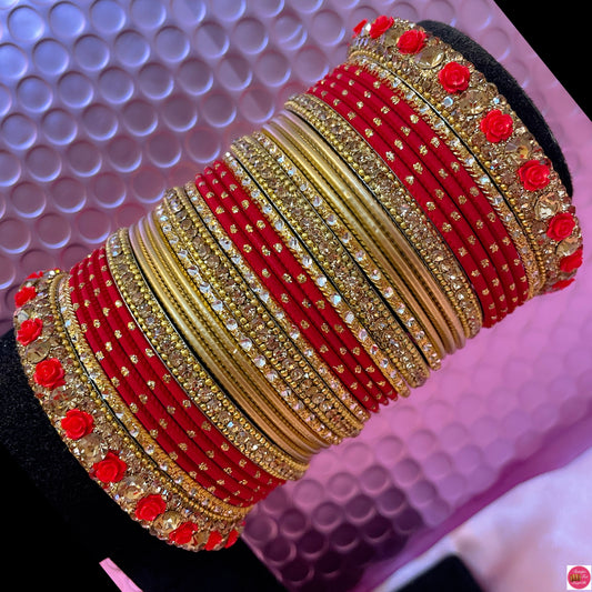 Red & Gold Flower Metal Bangles Set