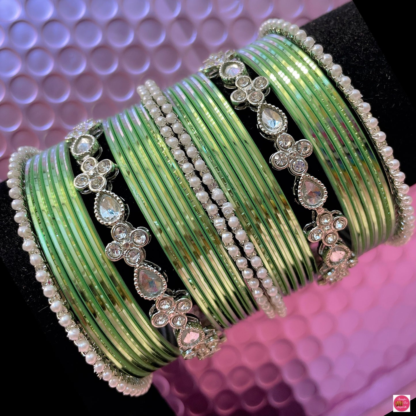 Silver Kundan Metal Bangles Set- Mint Green