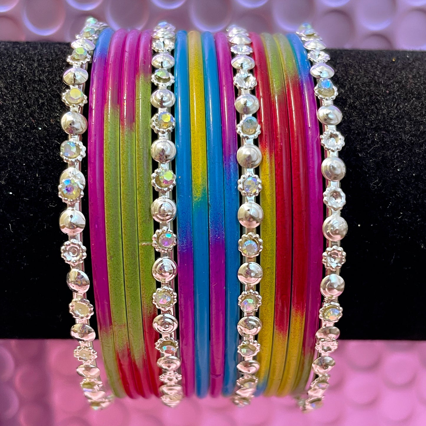 Silver Stone Metal Bangles Set- Various Colours