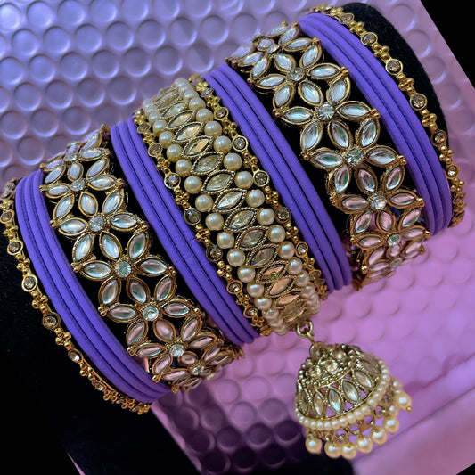 Kundan Pearl Hanging Metal Bangles Set- Lavender/Purple