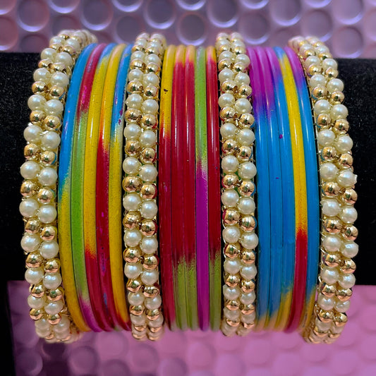Multicoloured Pearl Metal Bangles Set- Size 2.2