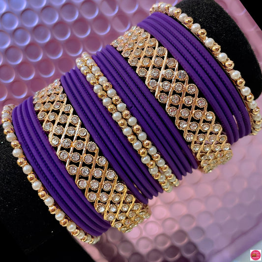 Pearl Zirconia Metal Bangles Set- Cadbury Purple