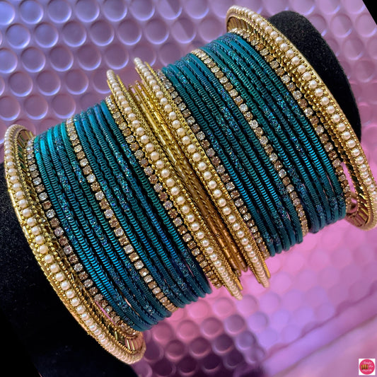 Pearl Zirconia Teal Metal Bangles Set- Size 2.10