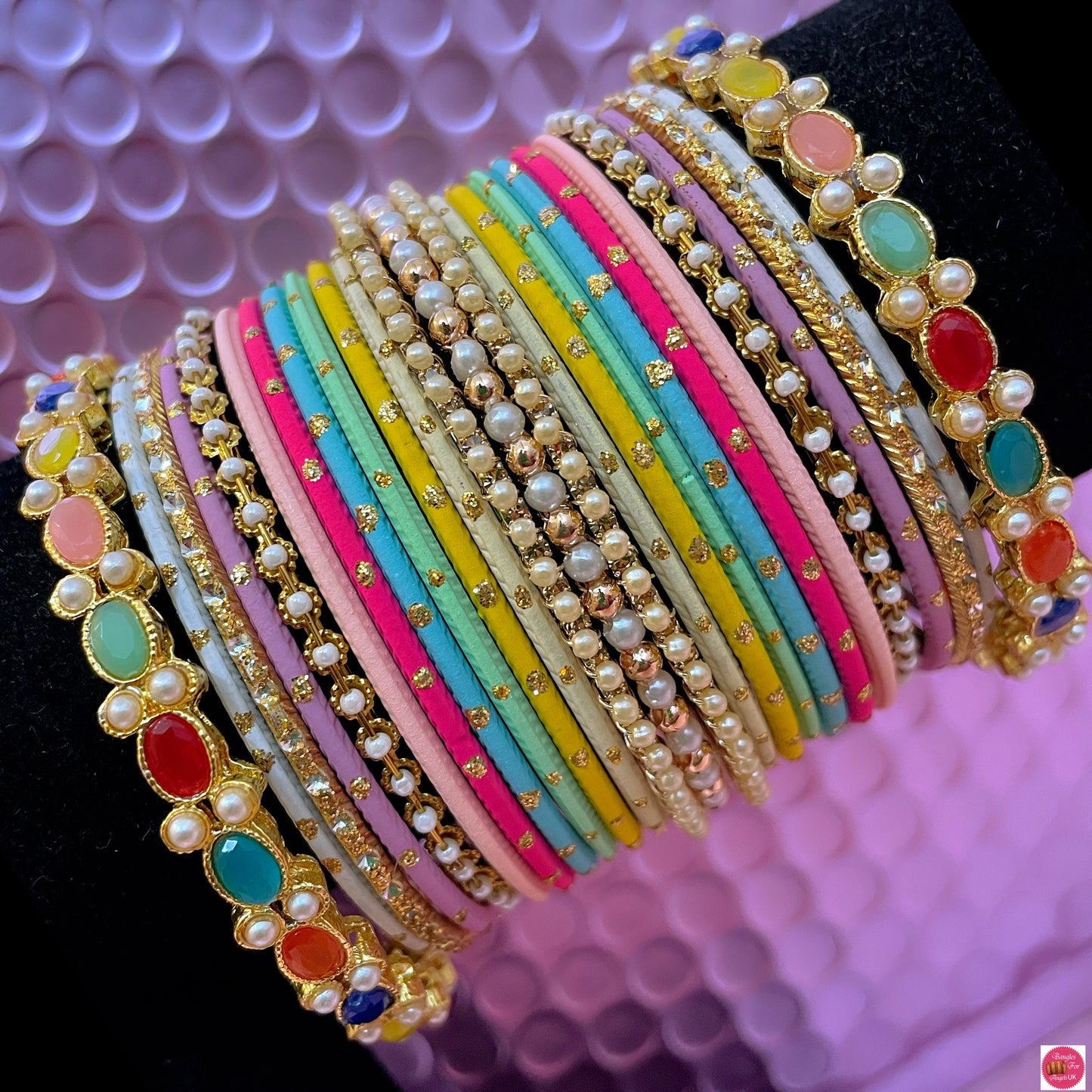 Multicoloured Pearl Navratan Metal Bangles Set