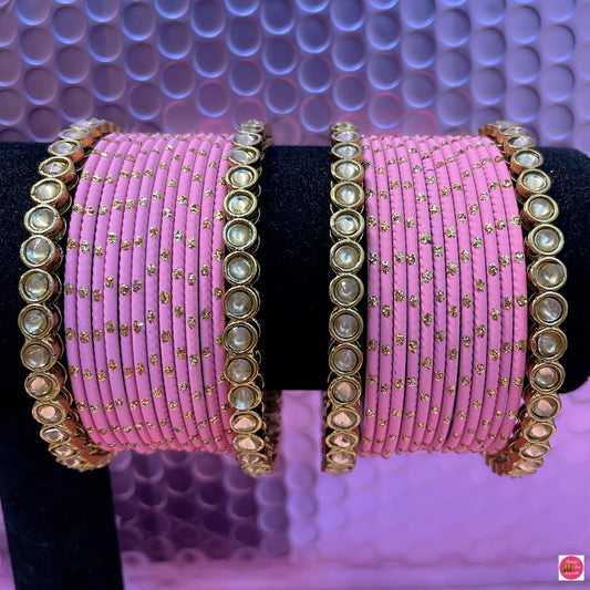 Kundan Metal Bangles Set- Peachy Pink