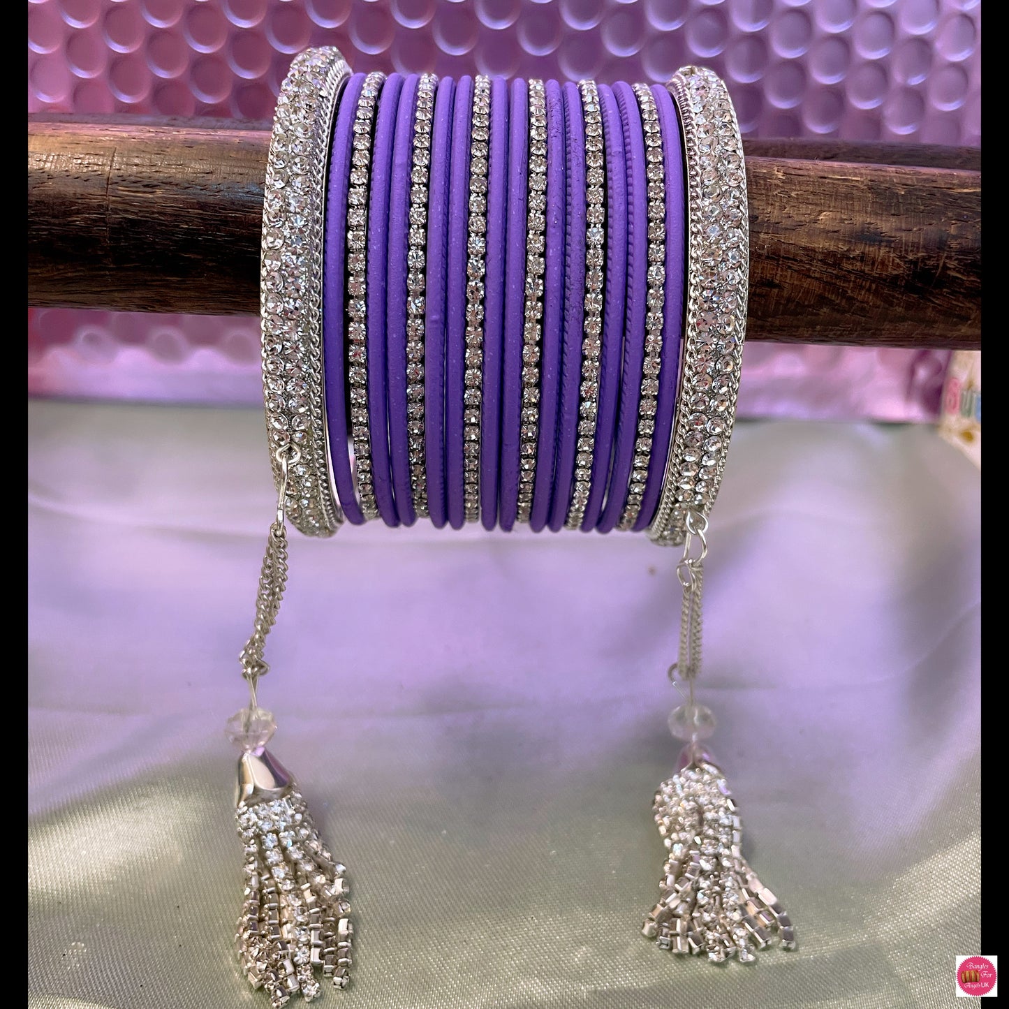 Silver Zirconia Hanging Metal Bangles Set- Lilac/Lavender