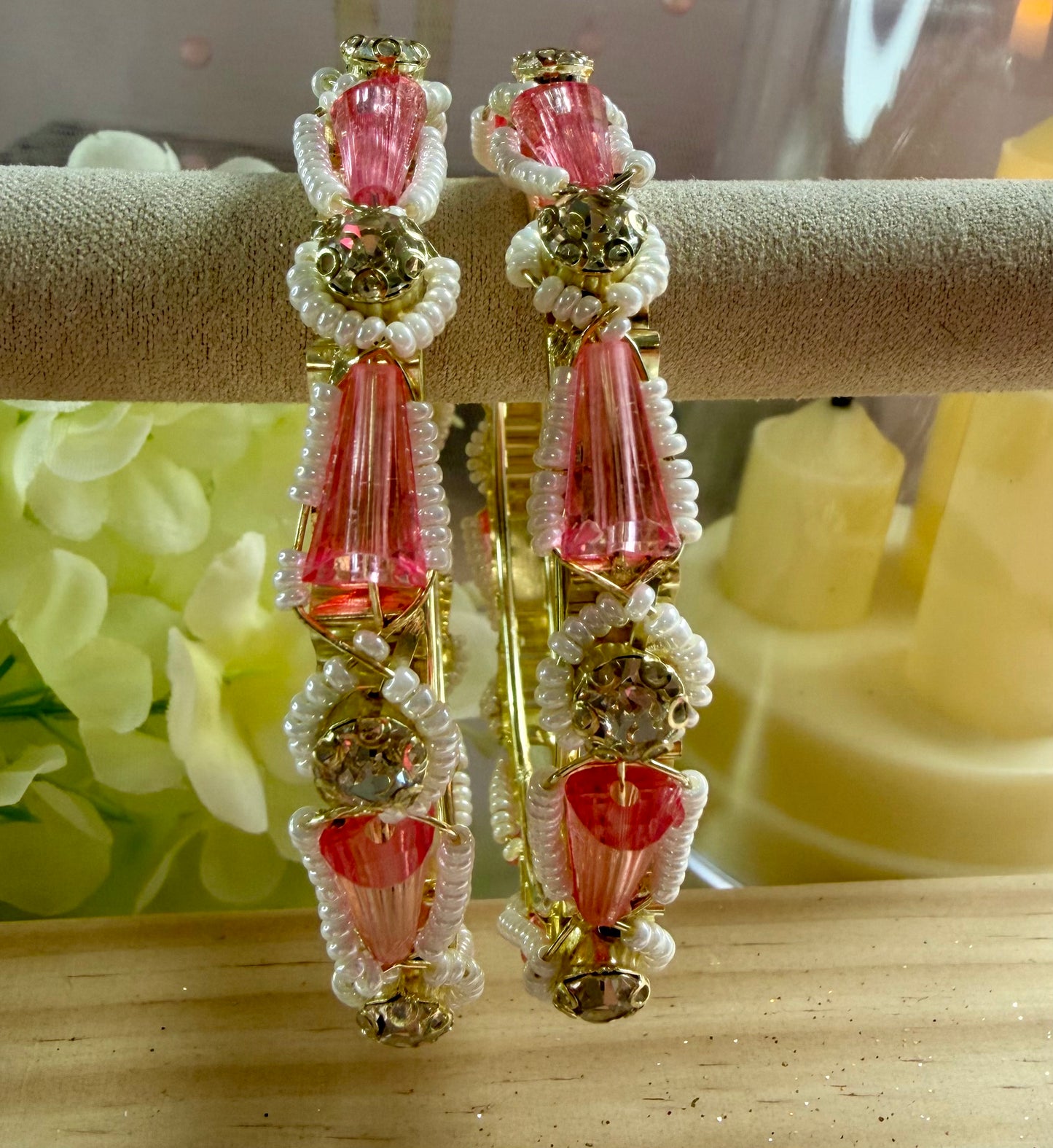Silver Pink Pearl Metal Karas