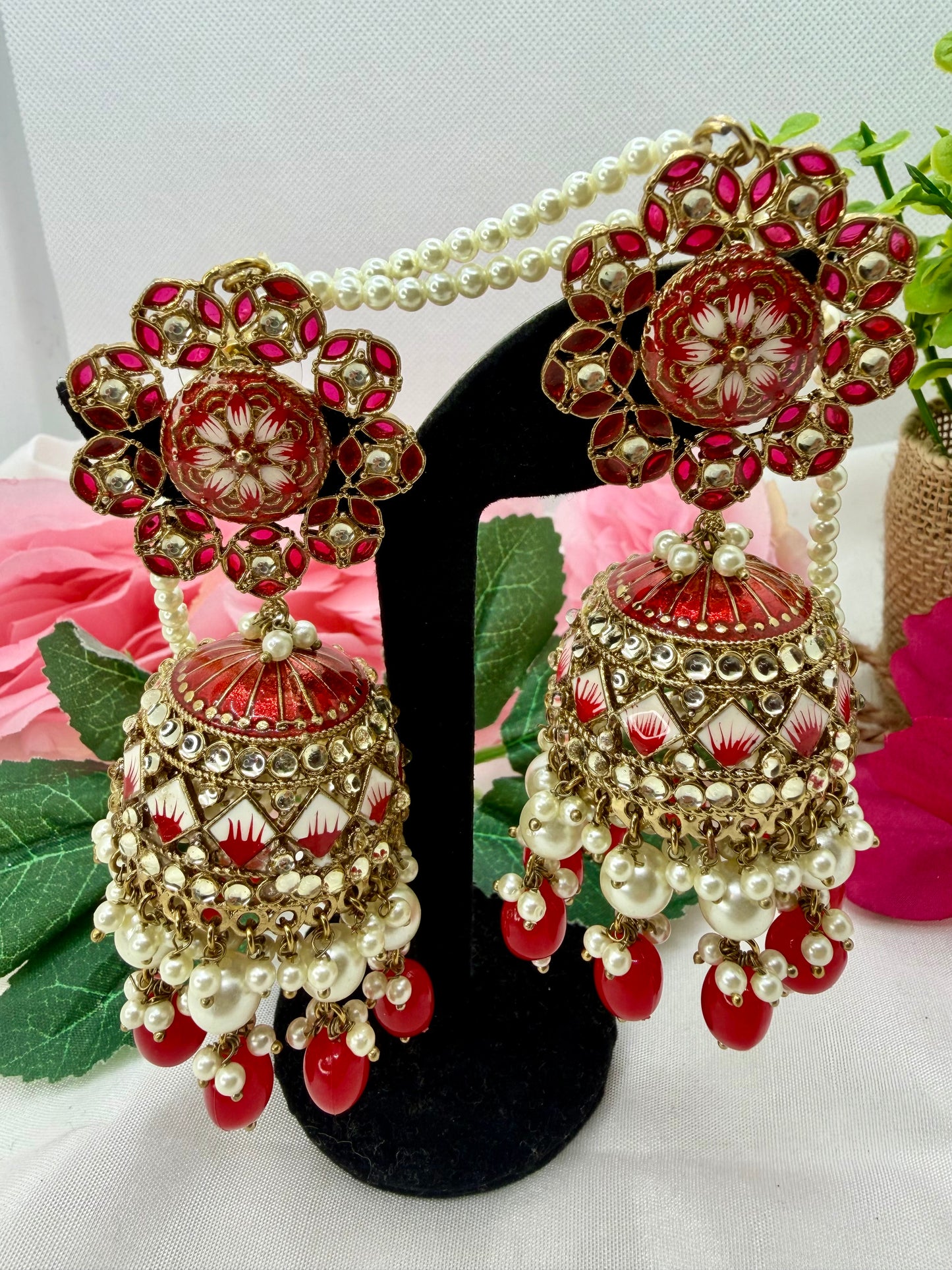 Kundan Pearl Red Jhumka’s